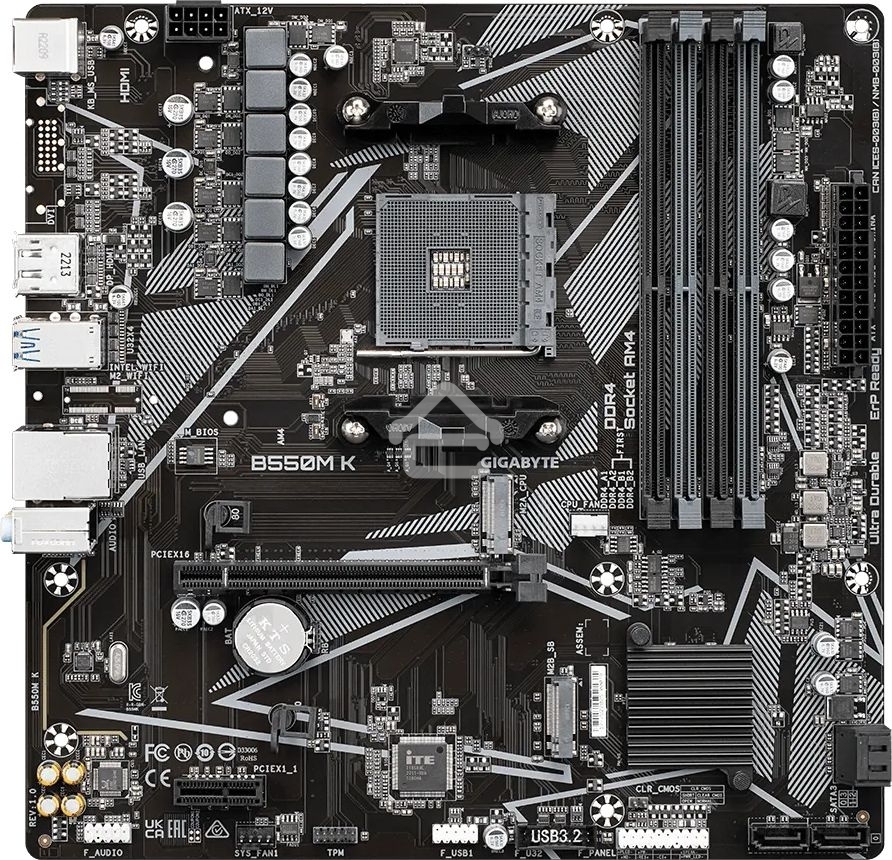 Материнская плата Gigabyte B550M K, AM4, AMD B550, 4xDDR4, 4xSATA, 2xM.2, 1xPCIe 4.0 x16, 1xPCIe x1, 1xHDMI, 1xDP, 1x 1Gb LAN, 4xUSB-A 3.2 Gen 1, 4xUSB-A 2.0, 3x3.5 мм, 7.1, mATX