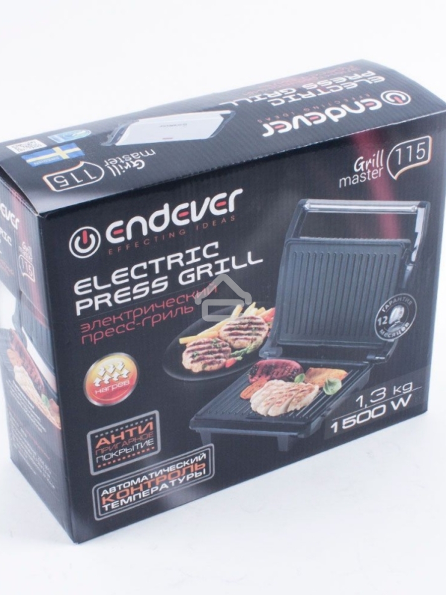 Электрогриль Endever Grillmaster 115, 1500 Вт, авто терморегулятор, антипригарное покрытие, индикатор нагрева, серебристый/черный