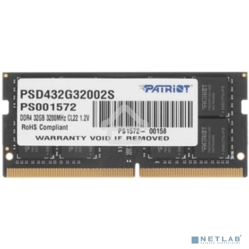 Оперативная память Patriot Signature, DDR4, 32GB (1x32 GB), 3200 MHz, CL22, SO-DIMM