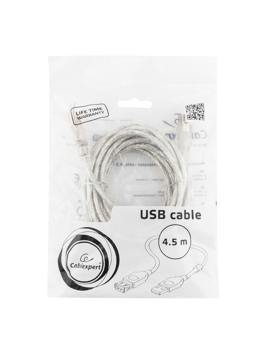 Кабель удлинитель USB2.0 Pro Cablexpert CCF-USB2-AMAF-TR-15, AM/AF, 4,5м, экран, 2феррит.кольца, прозрачный, пакет