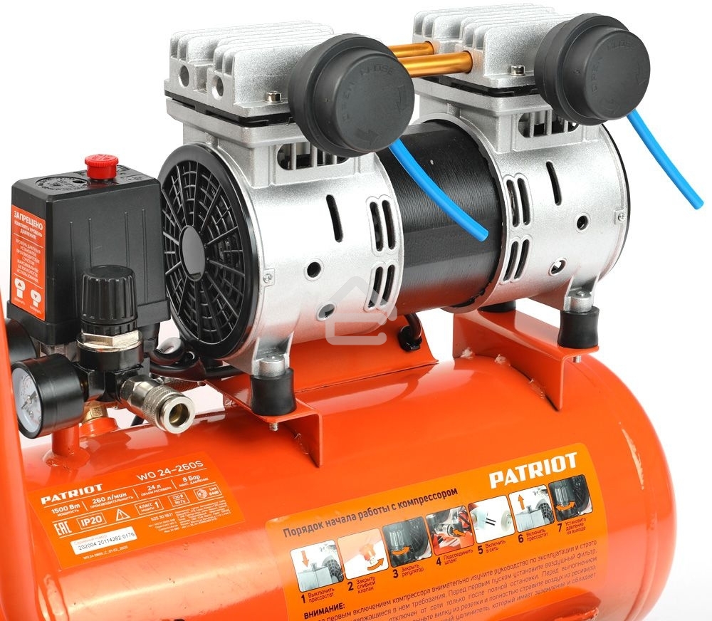 Компрессор Patriot поршневой безмасляный WO 24-260S, 260 л/мин, 8 бар, 1500 Вт, 24 л, быстросъемный 1/4
