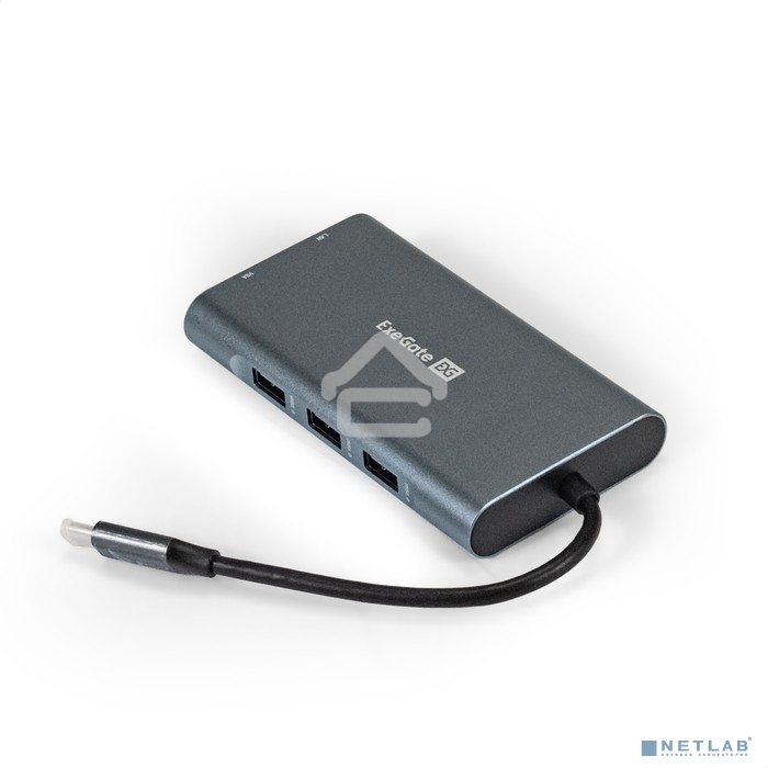 USB-концентратор ExeGate EX293985RUS DUB-31C/MAX (кабель-адаптер USB Type-C --> 3xUSB3.0 + Card Reader + PD 100W + HDMI 4K@30Hz + VGA + Audio + Lan RJ45 10/100/1000Mb, Plug&Play, серый)