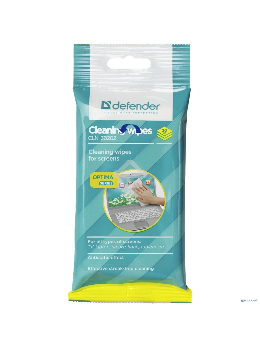 Чистящие салфетки Defender CLN 30202 ECO для экранов всех типов мягкая упаковка / 20 шт / Россия.