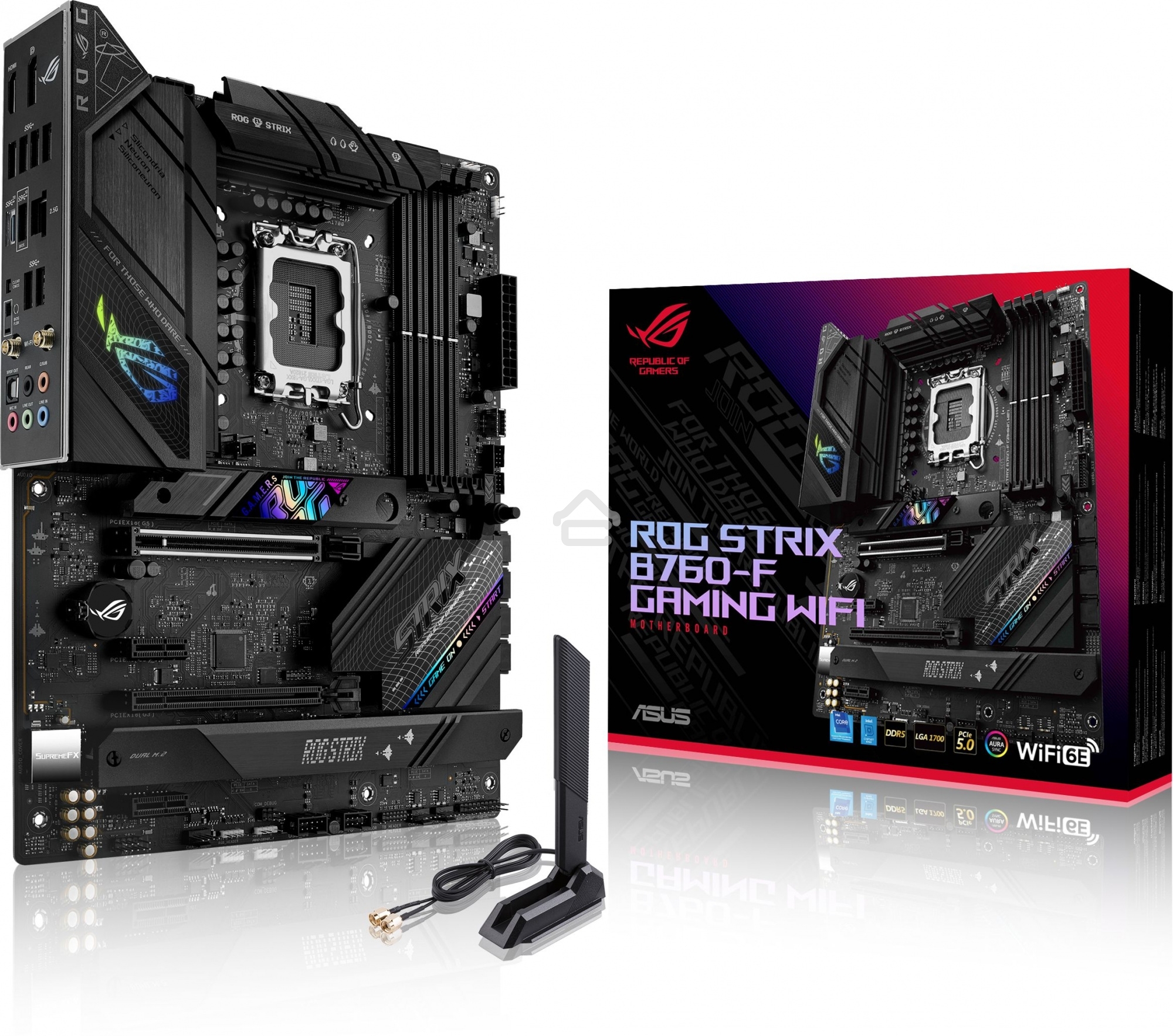 Материнская плата ASUS ROG STRIX B760-F GAMING WIFI, LGA 1700, Intel B760, 4xDDR5, 4xSATA, 3xM.2, 1xPCI-E 5.0 x16, 1xPCI-E 3.0 x4, 1xHDMI, 1xDP, 1x 2.5Gb LAN, 1xUSB-A 3.2 Gen 2, 6xUSB-A 3.2 Gen 1, 1xUSB-C 3.2 Gen 2x2, 5x3.5 мм, 7.1, Standard-ATX