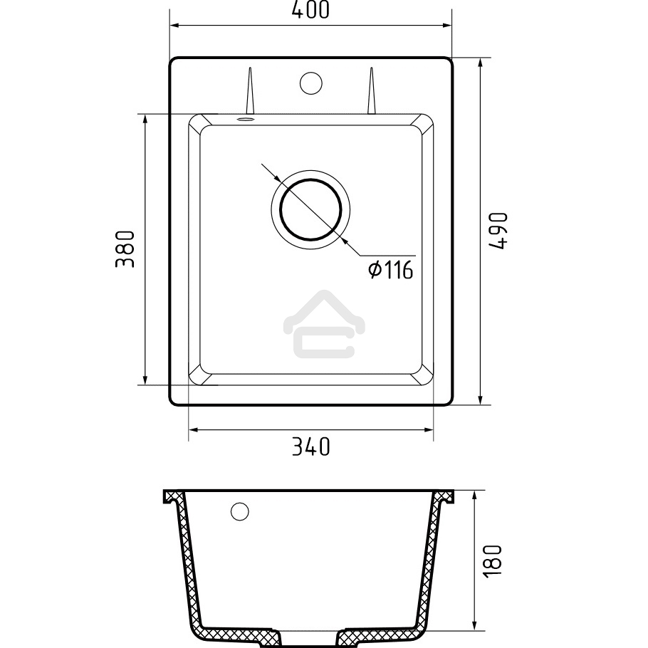 Мойка GRANFEST URBAN 240 1-чаша 400*490мм, монтаж: врезной, материал: кварц, темно-серый