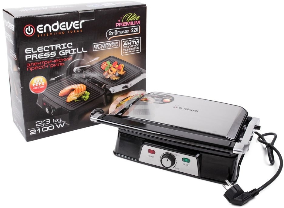 Электрический пресс-гриль Endever Grillmaster 220, серебристый/черный