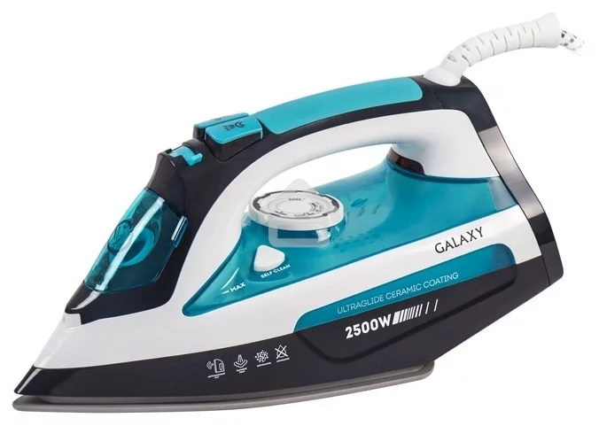 Утюг Galaxy Line GL 6123, голубой с белым, паровой, 2500 Вт, постоянный пар 50 г/мин, паровой удар 230 г/мин, функции: самоочистка, антикапля, антинакипь, функция увлажнения, вертикальное отпаривание, защита от перегрева, индикатор нагрева, керамическое п