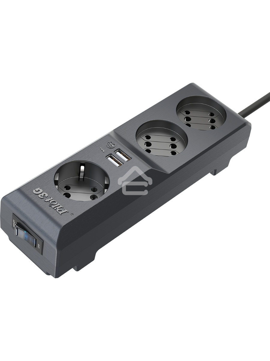Сетевой фильтр Surge protector Pilot 3G 3xGP euro outlets, 10А/2.2кВа, 2xUSB, 10m, black