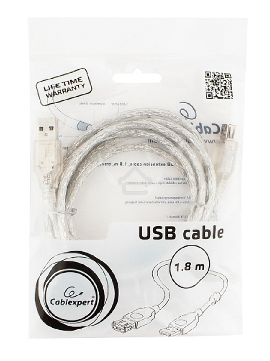 Кабель удлинитель USB2.0 Pro Cablexpert CCF-USB2-AMAF-TR-6, AM/AF, 1,8м, экран, 2феррит.кольца, прозрачный, пакет