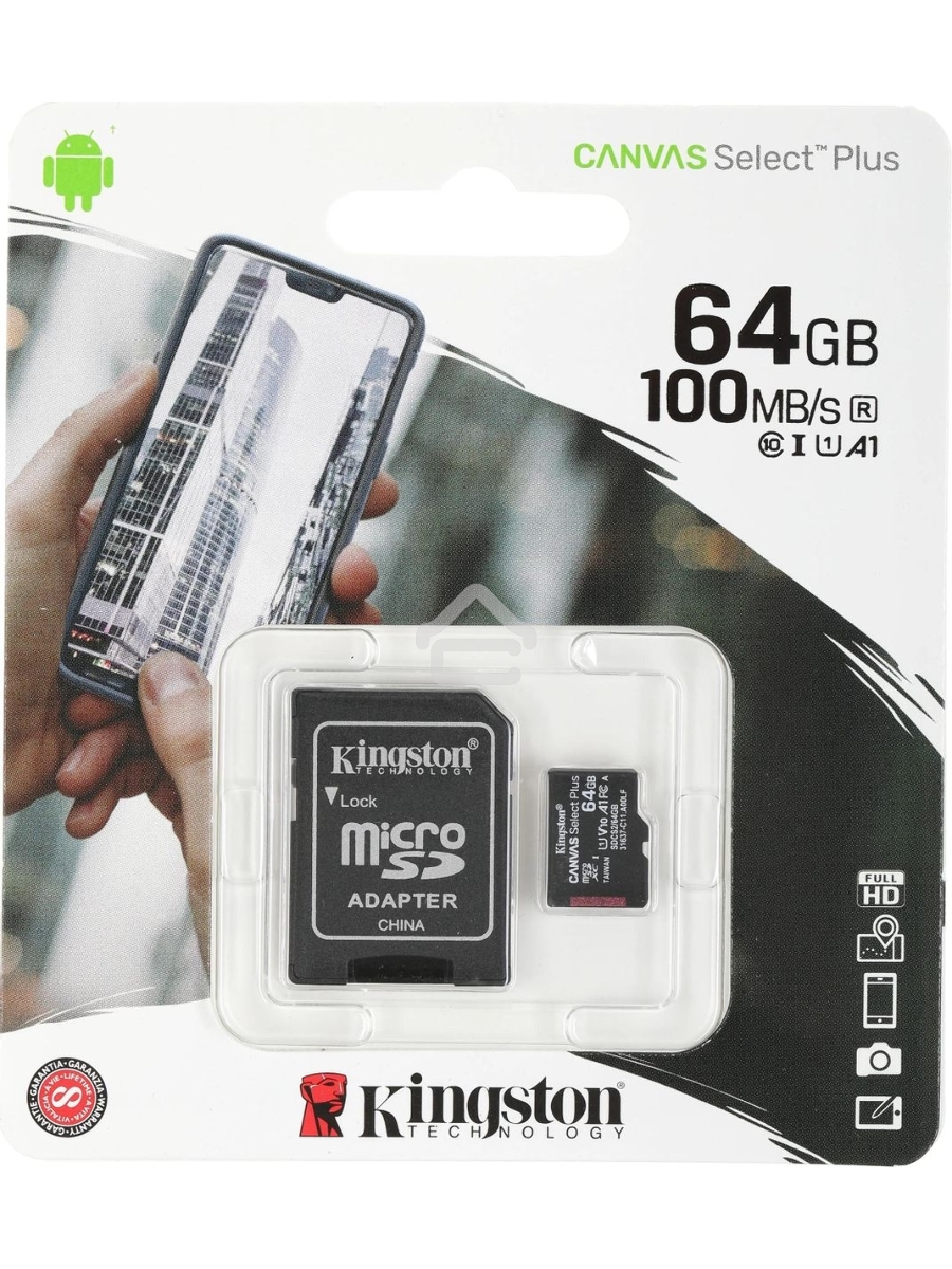 Флеш карта microSDHC 64GB microSDXC Class10 Kingston <SDCS2/64GB> Class10 UHS-I Canvas Select up to 100MB/s с адапт.