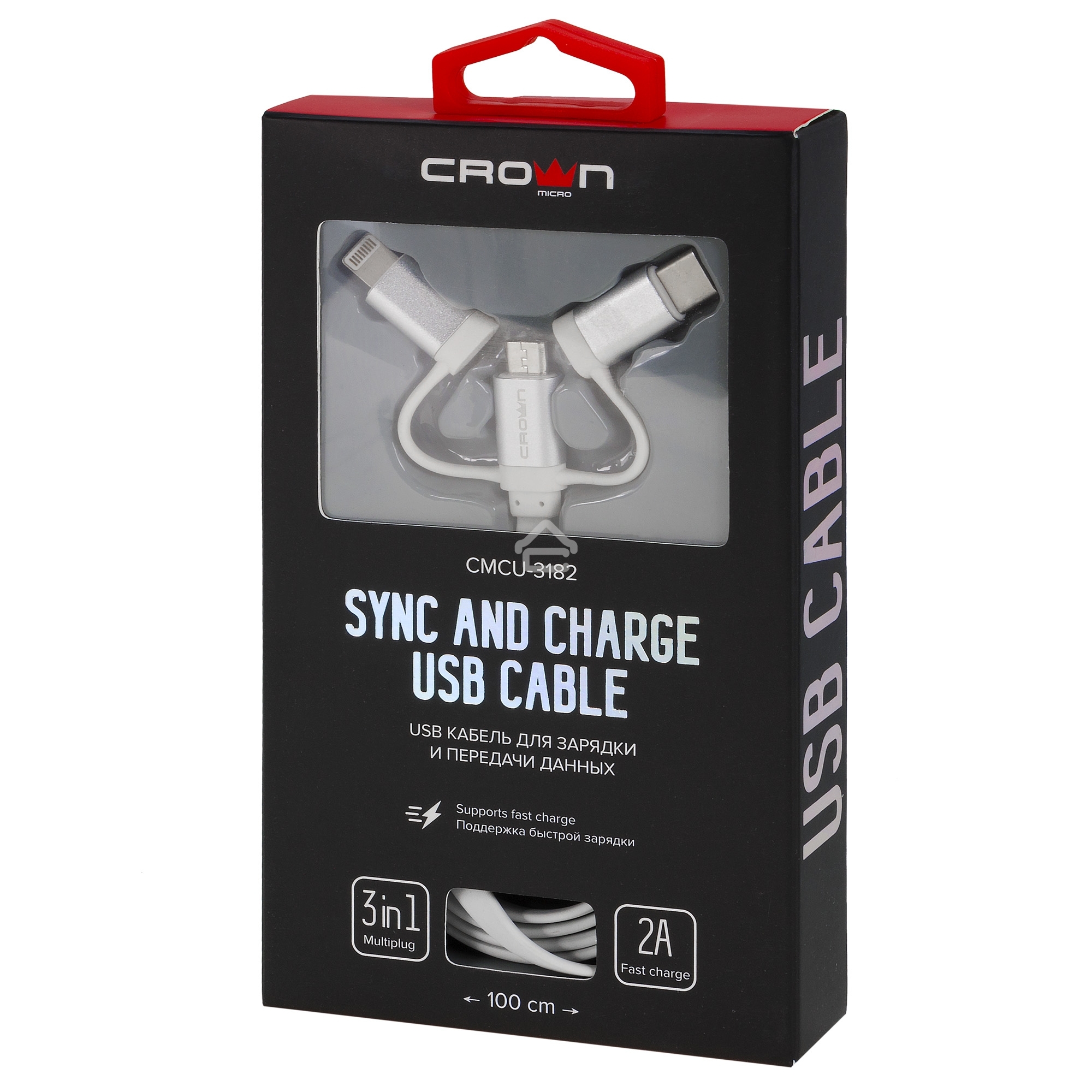 Кабель Crown USB - microUSB/USB Type-C/Lightning CMCU-3182 белый