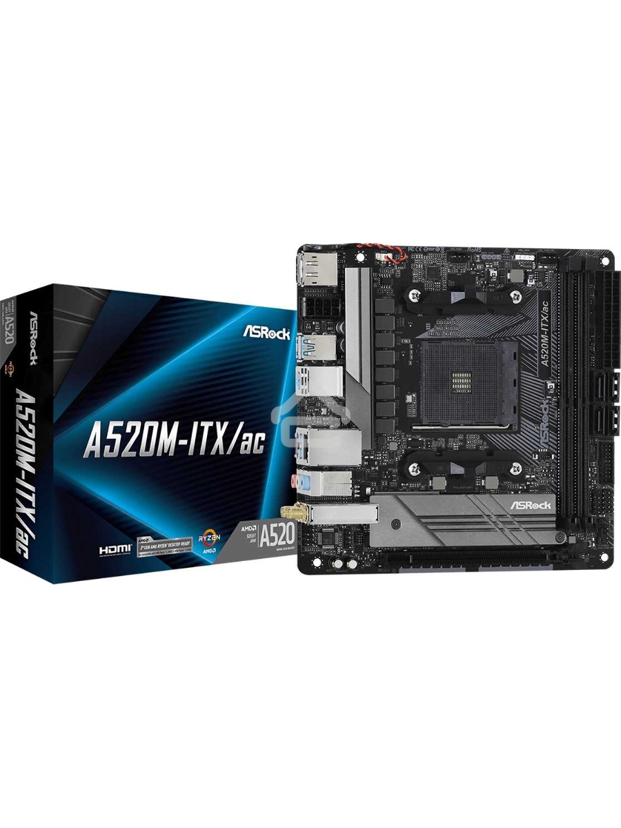 Материнская плата ASRock A520M-ITX/AC, AM4, AMD A520, 2xDDR4, 4xSATA, 1xM.2 PCIe, 1xPCIe 3.0 x16, 1xHDMI, 1xDP, 1x1Gb LAN, Wi-Fi, Bluetooth, 2xUSB-A 2.0, 3xUSB-A 3.2 Gen 1, 1xUSB-C 3.1, 3x3.5 мм, 7.1, Mini-ITX