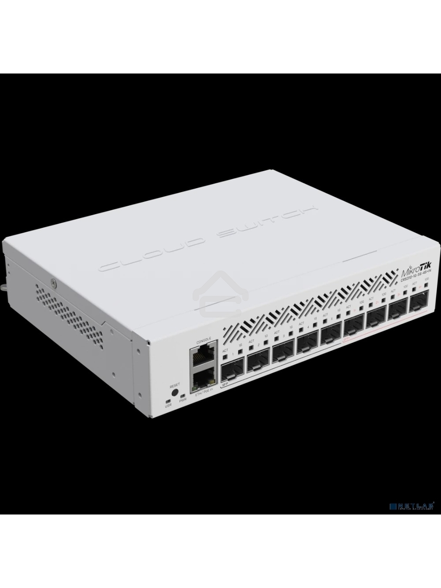 Коммутатор MikroTik Cloud Router Switch CRS310-1G-5S-4S+IN with 800 MHz CPU, 256 MB RAM, 4xSFP+, 5xSFP cages, 1xGBit LAN port, RouterOS L5, desktop case, rackmount ears, PSU