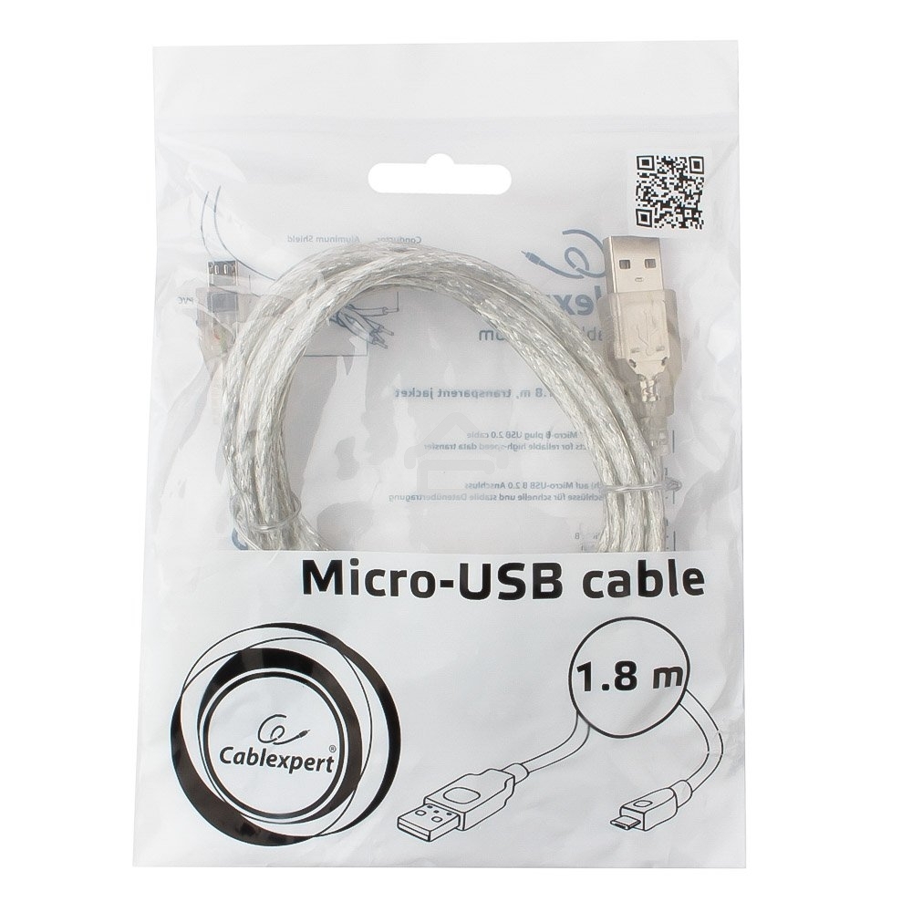 Кабель Cablexpert USB2.0 Pro, AM/microBM, 1,8м, экран, феррит.кольцо, прозрачны (CCP-mUSB2-AMBM-6-TR)