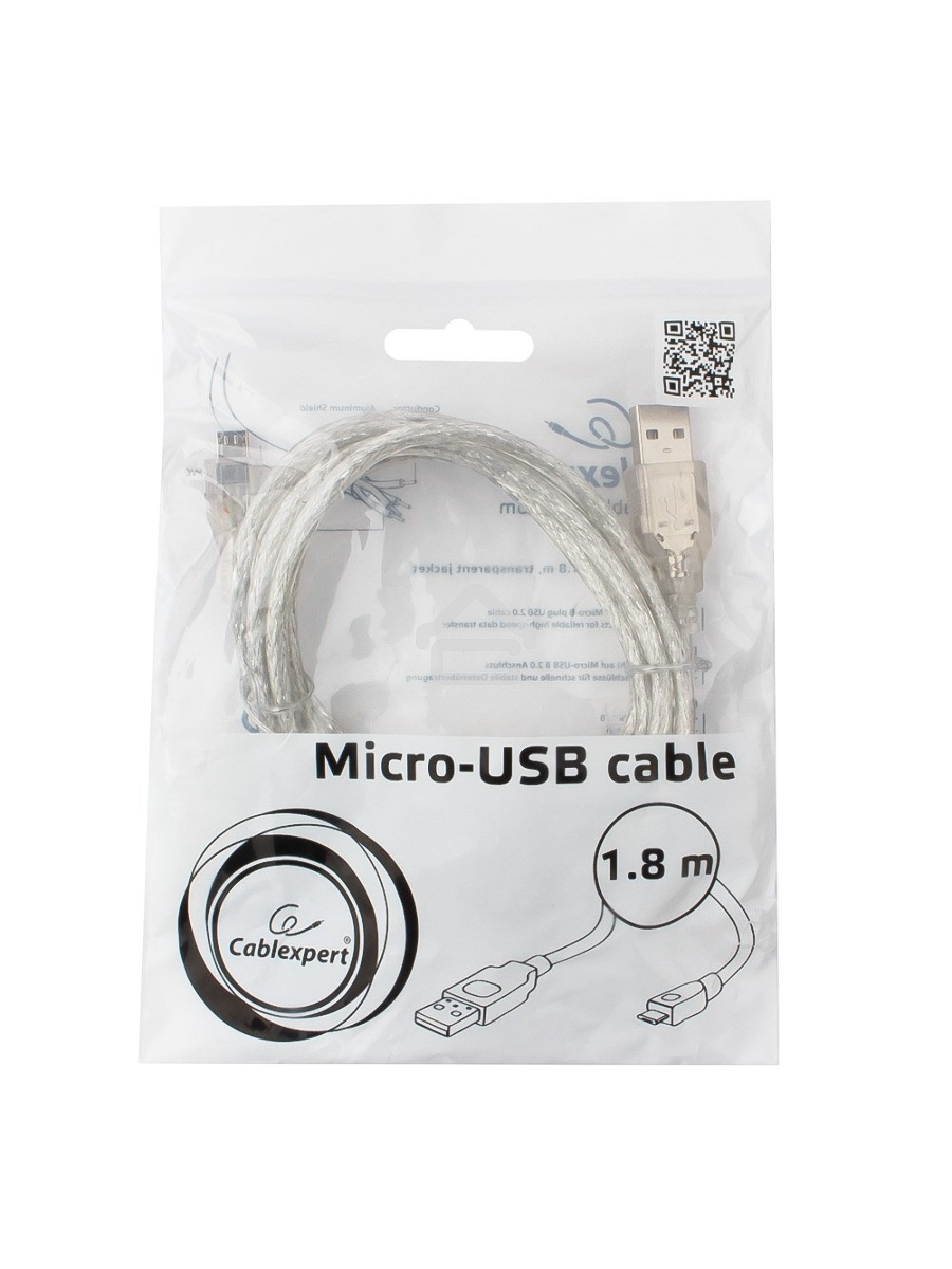 Кабель Cablexpert USB 2.0 Pro, AM/microBM, 1,8м, экран, феррит.кольцо, прозрачны (CCP-mUSB2-AMBM-6-TR)