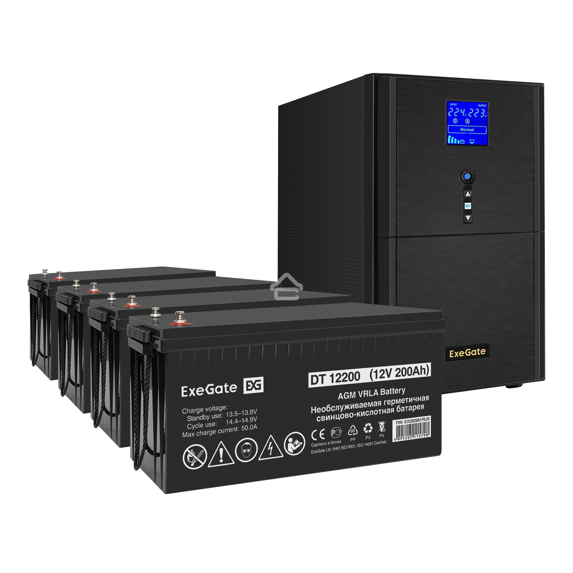 Комплект ИБП EX295990RUS + батарея 200Aч EX282991RUS 4шт (инвертор, синус, для котла) ExeGate SineTower SZ-3000.LCD.AVR.3SH.1C13.RJ.USB <3000VA/2400W, чистый синусоида, LCD дисплей, AVR, 3*Schuko+1*C13, RJ45/11, USB, линейно-интерактивный, Black> + батаре