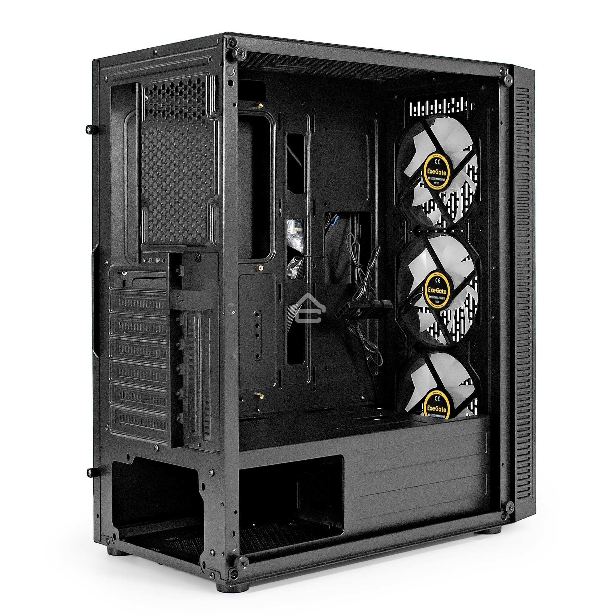 Компьютерный корпус Miditower ExeGate EVO-5001A (ATX, без БП, 2*USB+1*USB3.0+HD Audio, черный, 3 вент.12см с RGB подсветкой, боковая панель - закаленное стекло)
