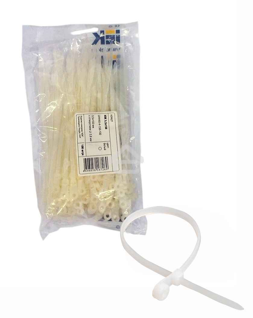 Хомут кабельный ИЭК UHH40-4-150-100 3.5х150 нейл. белый с отвер. для креп. ХОК (уп. 100 шт)