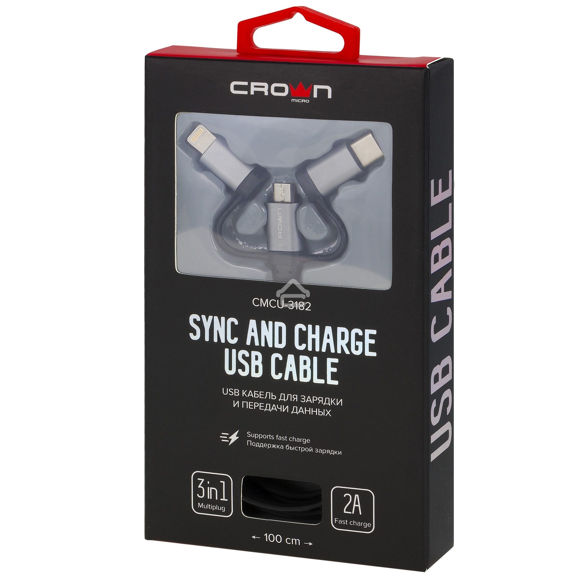 Кабель Crown USB - microUSB/USB Type-C/Lightning CMCU-3182 черный