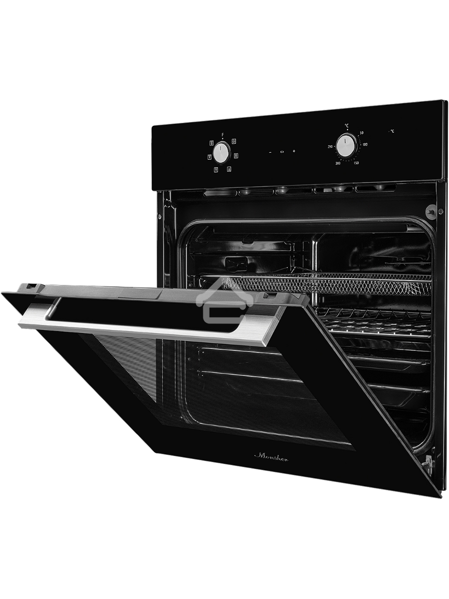 Духовой шкаф MONSHER MOE 6162 Noir, 5 режимов работы, объем духовки 58 л., утапливаемые переключатели, сенсорный таймер, 2 стекла в дверце, энергоэффективность А, цвет: черный,фурнитура серебряная