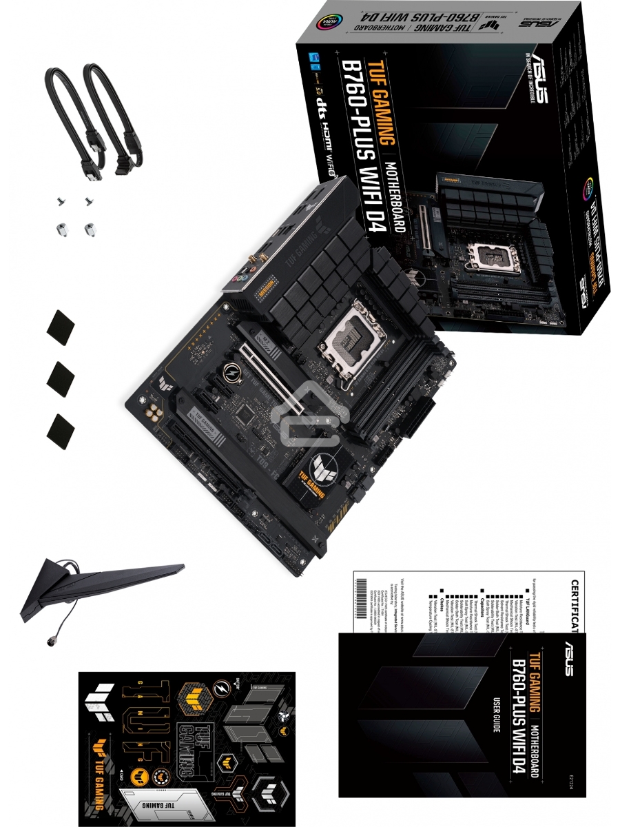 Материнская плата ASUS TUF GAMING B760-PLUS WIFI D4, LGA 1700, Intel B760, 4xDDR4, 4xSATA, 3xM.2, 1xPCI-E 5.0 x16, 1xPCI-E 3.0 x4, 1xUSB-A 3.2 Gen 2, 3xUSB-A 3.2 Gen 1, 1xUSB-C 3.2 Gen 2x2, 1x2.5Gb LAN, 5x3.5 мм, 7.1, Wi-Fi 6, Bluetooth 5.2, Standard-ATX