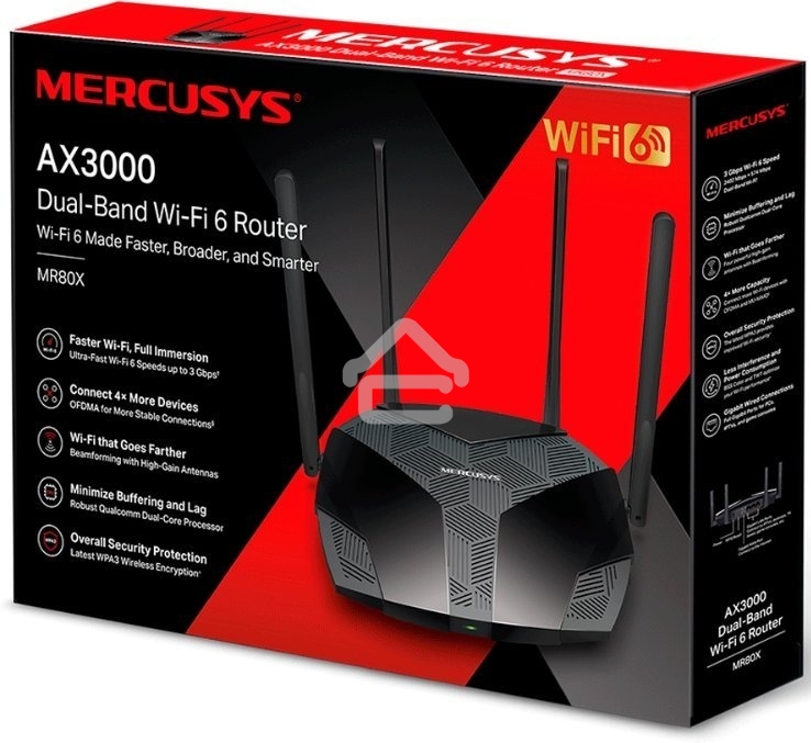 Двухдиапазонный роутер MERCUSYS AX3000 Wi-Fi 6, до 574 Мбит/с на 2,4 ГГц + до 2402 Мбит/с на 5 ГГц,4 фиксированные внешние антенны, 3 гигабитных порта LAN, 1 гигабитный порт WAN