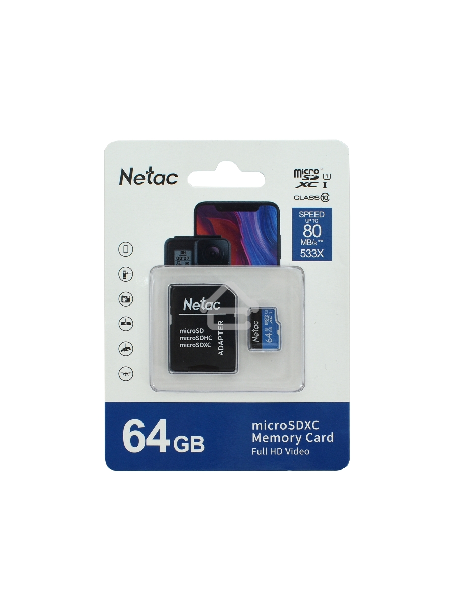 Флеш карта microSDHC 64GB Netac P500 <NT02P500STN-064G-R> (с SD адаптером) 80MB/s