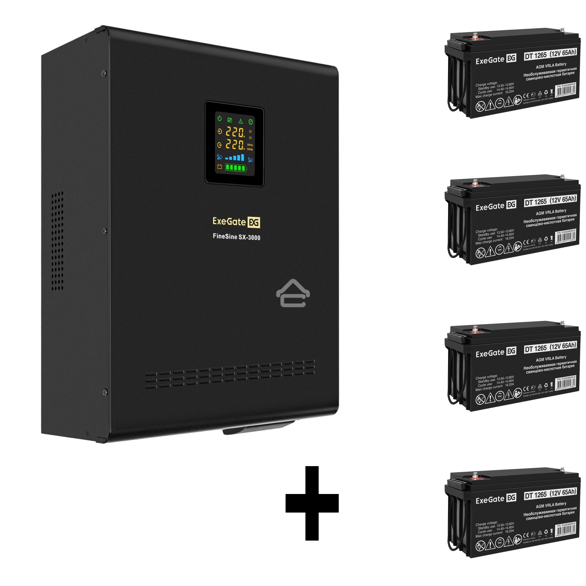 Комплект источника бесперебойного питания ExegateEX296003RUS + батарея 65Aч EX282980RUS 4шт (инвертор, синус, для котла, настенный) ExeGate FineSine SX-3000.LCD.AVR.2SH.T <3000VA/2100W, чистая синусоида, цветной LCD-дисплей, AVR, 2*Schuko+клеммы, линейно-