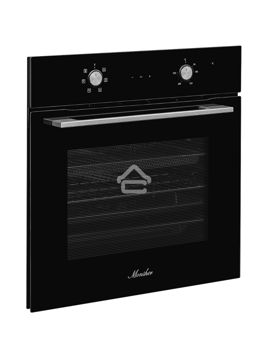 Духовой шкаф MONSHER MOE 6162 Noir, 5 режимов работы, объем духовки 58 л., утапливаемые переключатели, сенсорный таймер, 2 стекла в дверце, энергоэффективность А, цвет: черный,фурнитура серебряная