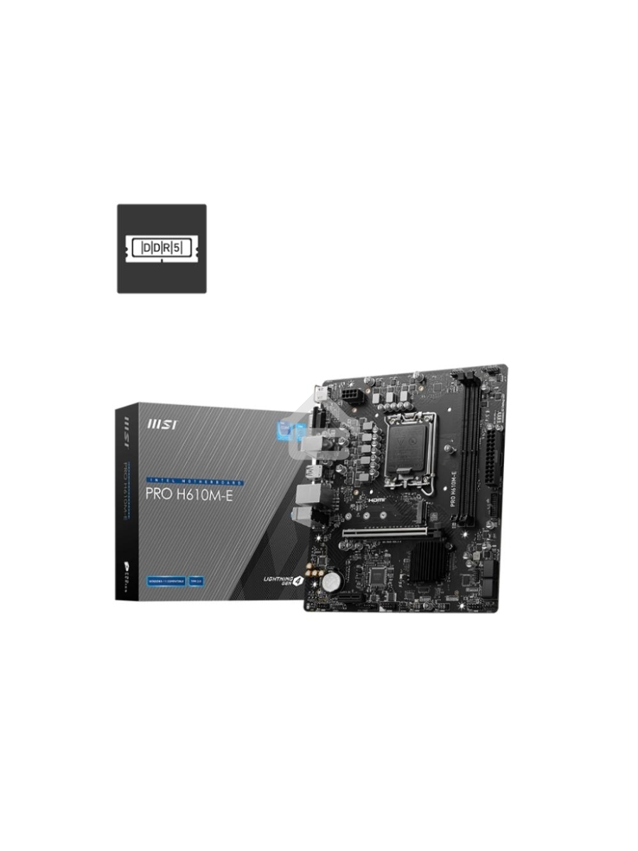 Материнская плата MSI PRO H610M-E, LGA 1700, Intel H610, 2xDDR5, 4xSATA, 1xM.2, 1xPCIe 4.0 x16, 1xPCIe 4.0 x1, 1xHDMI, 1xVGA, 1xRJ45 1Gb, 2xUSB-A 3.2 Gen 1, 4xUSB-A 2.0, 3x3.5мм, 7.1, mATX