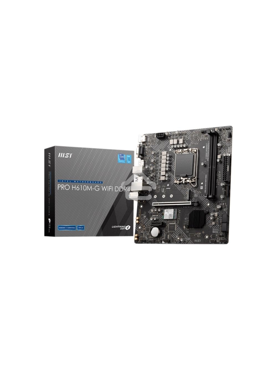 Материнская плата MSI PRO H610M-G WIFI DDR4, Socket LGA 1700, Intel H610, 2xDDR4, 4xSATA, 1xM.2, 1xPCIe 4.0 x16, 1xPCIe 3.0 x1, 1xHDMI, 1xDP, 1xVGA, 1x 1Gb LAN, 4xUSB-A 2.0, 2xUSB-A 5Gbps, 3x3.5 мм, 7.1, mATX