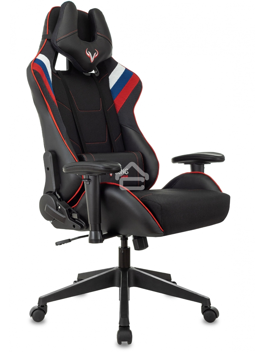 Кресло игровое Бюрократ VIKING 4 AERO RUS белый/синий/красный/черный, искусст. кожа/ткань, две подушки