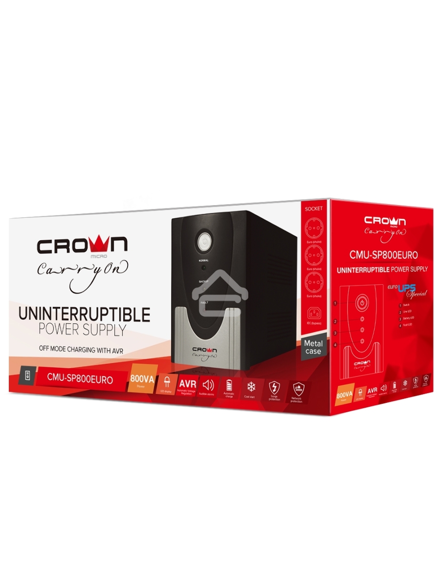 Источник бесперебойного питания CROWN ИБП CMU-SP800EURO {800VA, металл,1x12V/9AH, розетки 3*EURO+1*IEC bybas} CM000001492