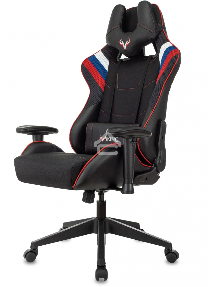 Кресло игровое Бюрократ VIKING 4 AERO RUS белый/синий/красный/черный, искусст. кожа/ткань, две подушки