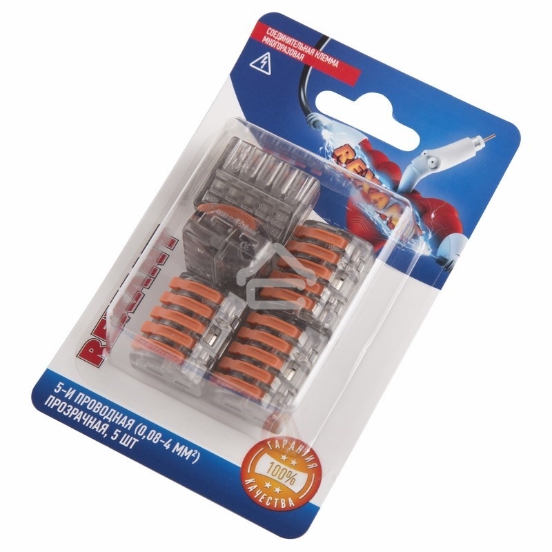 Соединительная клемма многоразовая Rexant 5-и проводная, прозрачная (0,08-4 мм²), (5 шт.)