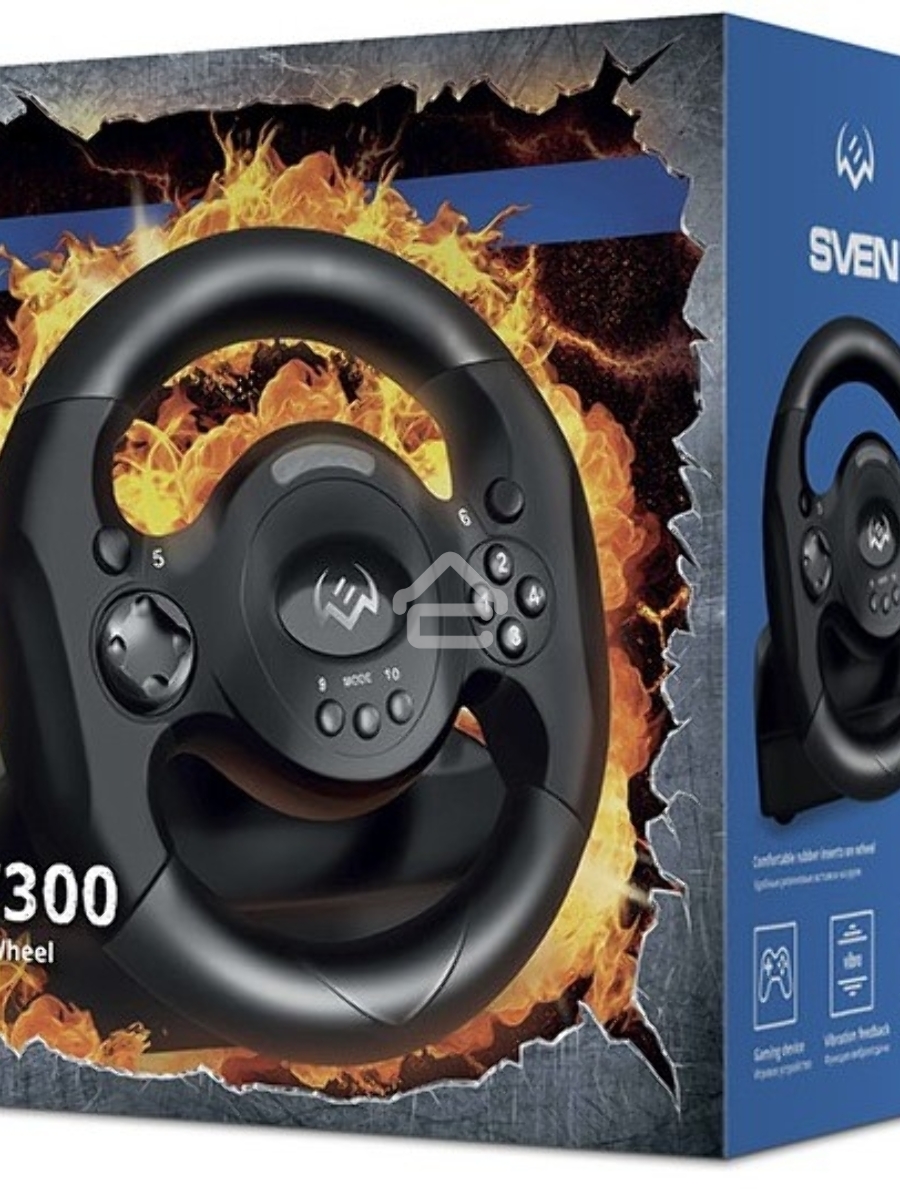 Руль SVEN GC-W300 (педали, вибро, лепестки, D-pad, 10 кл, резин. вставки, PC, цифр. и аналог.