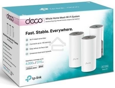 Домашняя Mesh Wi-Fi система TP-Link Deco E4 (3-Pack), 1167Мбит/с (5 ГГц: до 867 Мбит/с + 2,4 ГГц: до 300 Мбит/с), 2 порта 100 Мбит/с, 2 встроенные антенны на каждом модуле Deco