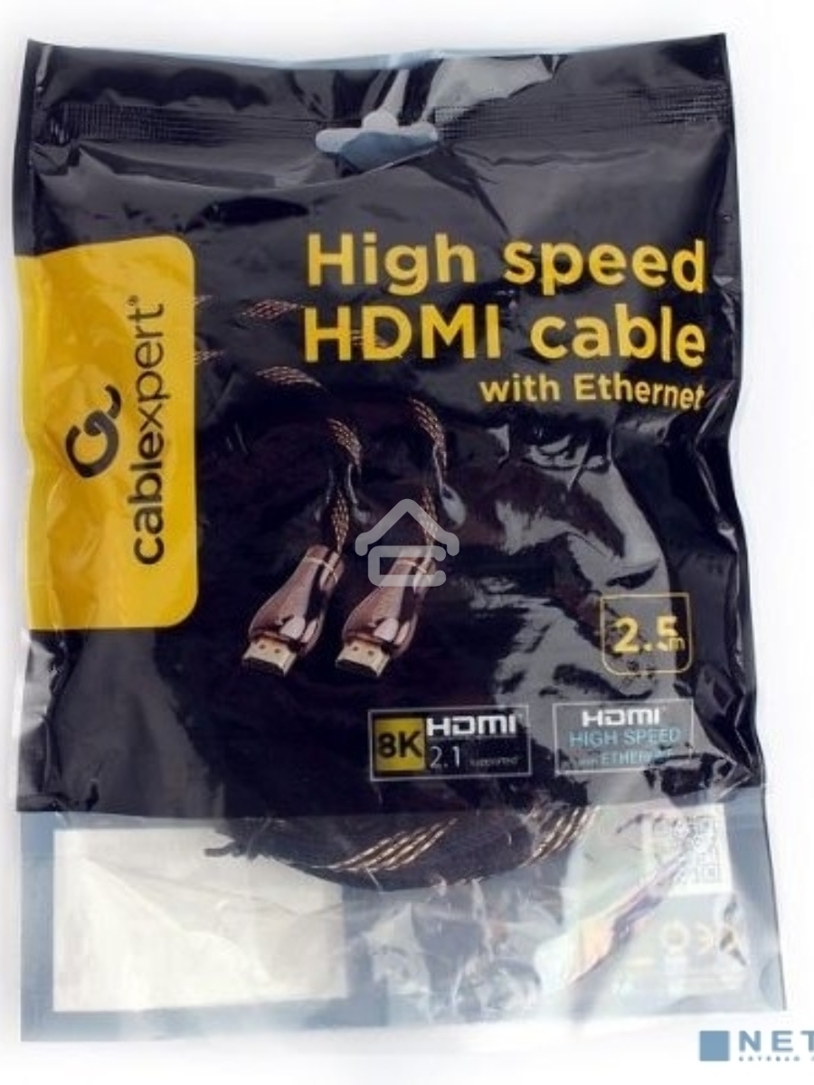 Кабель Cablexpert HDMI CCP-HDMI8К-2.5M, 19M/19M, v2.1, 8К, медь, позол.разъемы, экран, оплетка, 2.5м, черный, пакет