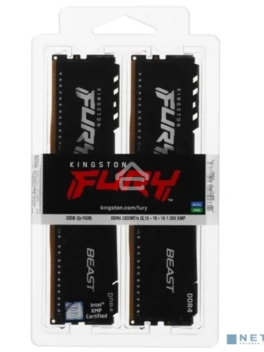 Оперативная память Kingston Fury Beast, DDR4, 32GB (2x16GB), 3200MHz, CL16, DIMM, с радиатором, чёрный