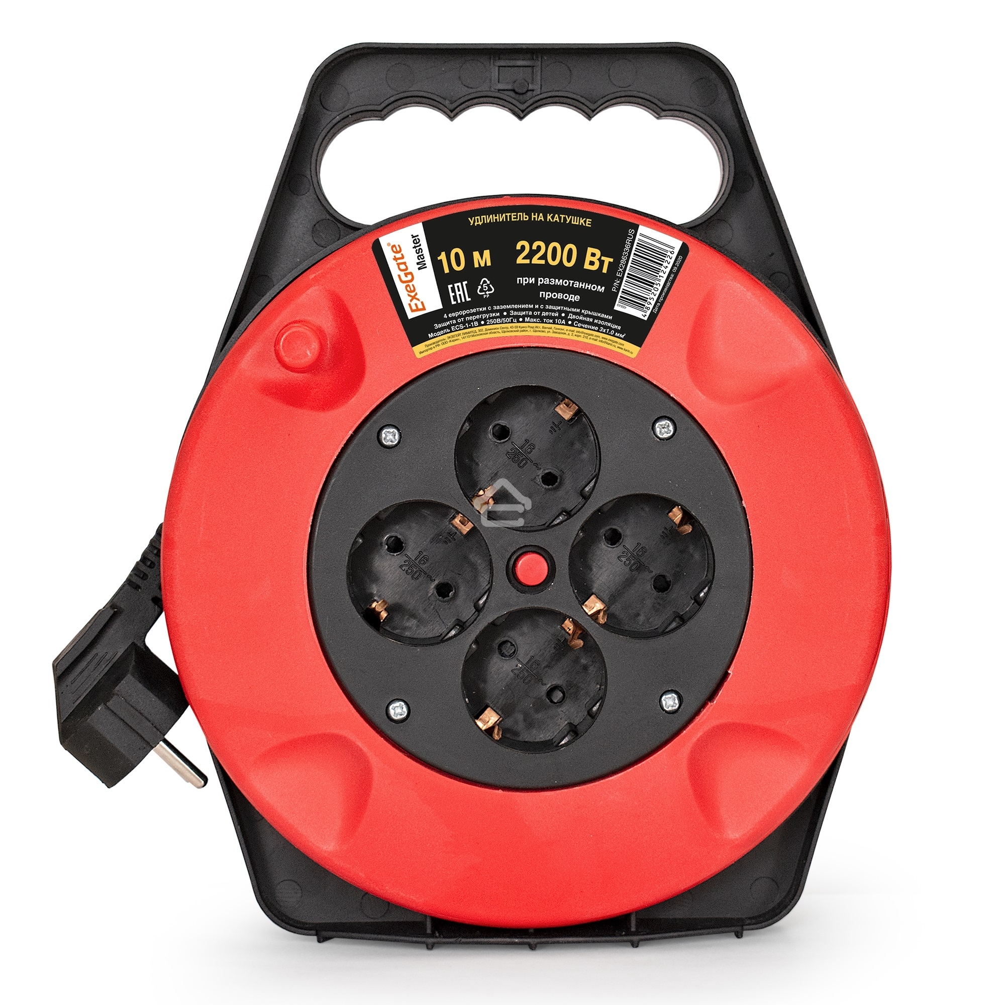 Удлинитель на катушке ExeGate EX286336RUS Master ECS-1-1B (4 евророзетки с заземлением, 10 м, защита от детей, защита от перегрузки, 3х1,0 мм2, 10А/2.2 кВт)