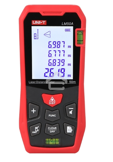 Лазерный дальномер UNI-T LM50A до 50 метров Диапазон расстояний (50 м); Тип дисплея (ЖК); Единицы измерения (м/фут/дюйм); Основа измерения (спереди/сзади);