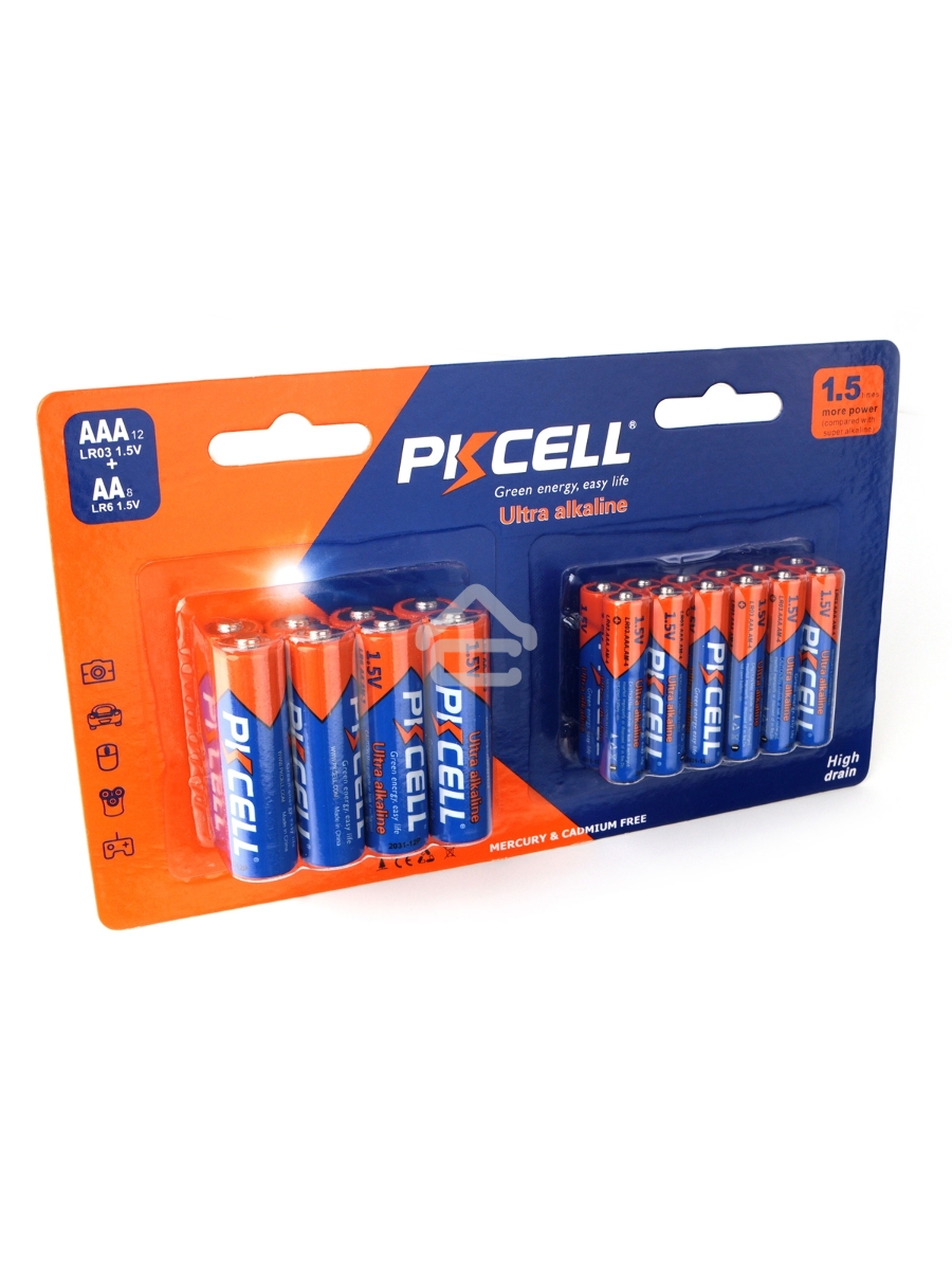 Щелочной/алкалиновый элемент питания PKCELL LR03(12)+LR6(8) тип - AAА 12 шт + АА 8 шт в блистере