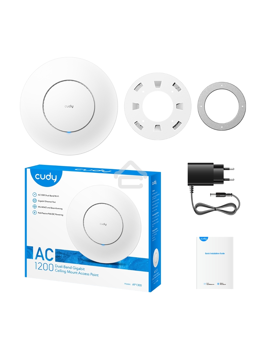 Точка доступа CUDY AC1200 Dual Band Gigabit Ceiling Mount Access Point, MT7621DAN+MT7613B+MT7603E, 867Mbps at 5GHz + 300Mbps at 2.4GHz, 1 x GbE RJ45 Port, Support 12V DC or 802.3af PoE or Passive PoE, Internal Antennas, 48V passive PoE adapter included, C