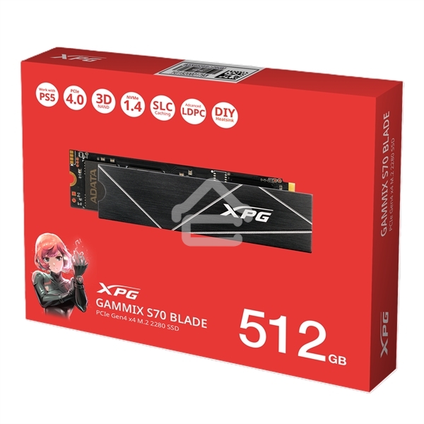 Накопитель SSD ADATA XPG GAMMIX S70 BLADE, 512Gb, PCIe 4.0 x4, M.2 2280, NVMe, R/W 7200/2600, с радиатором