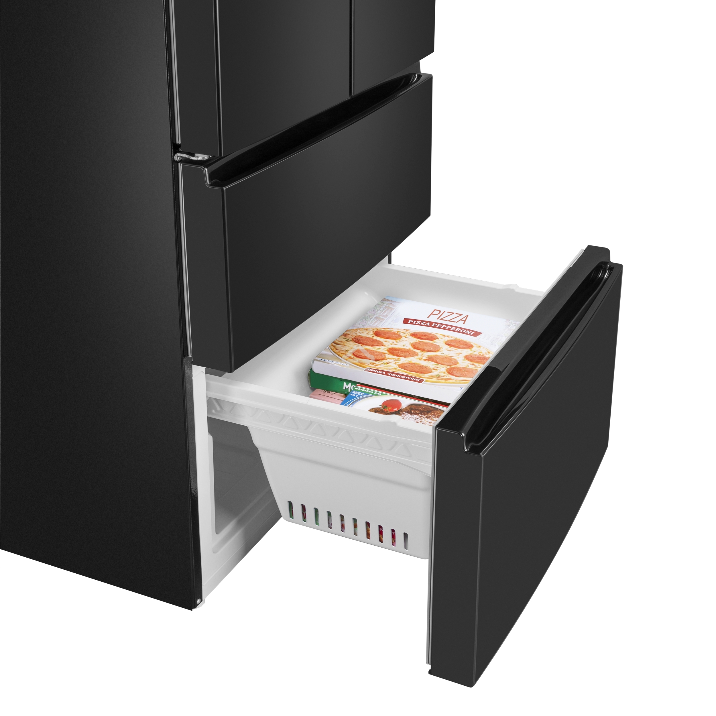 Холодильник Maunfeld MFF180NFBE01 черный трехкамерный 224/113л морозилка снизу, No Frost