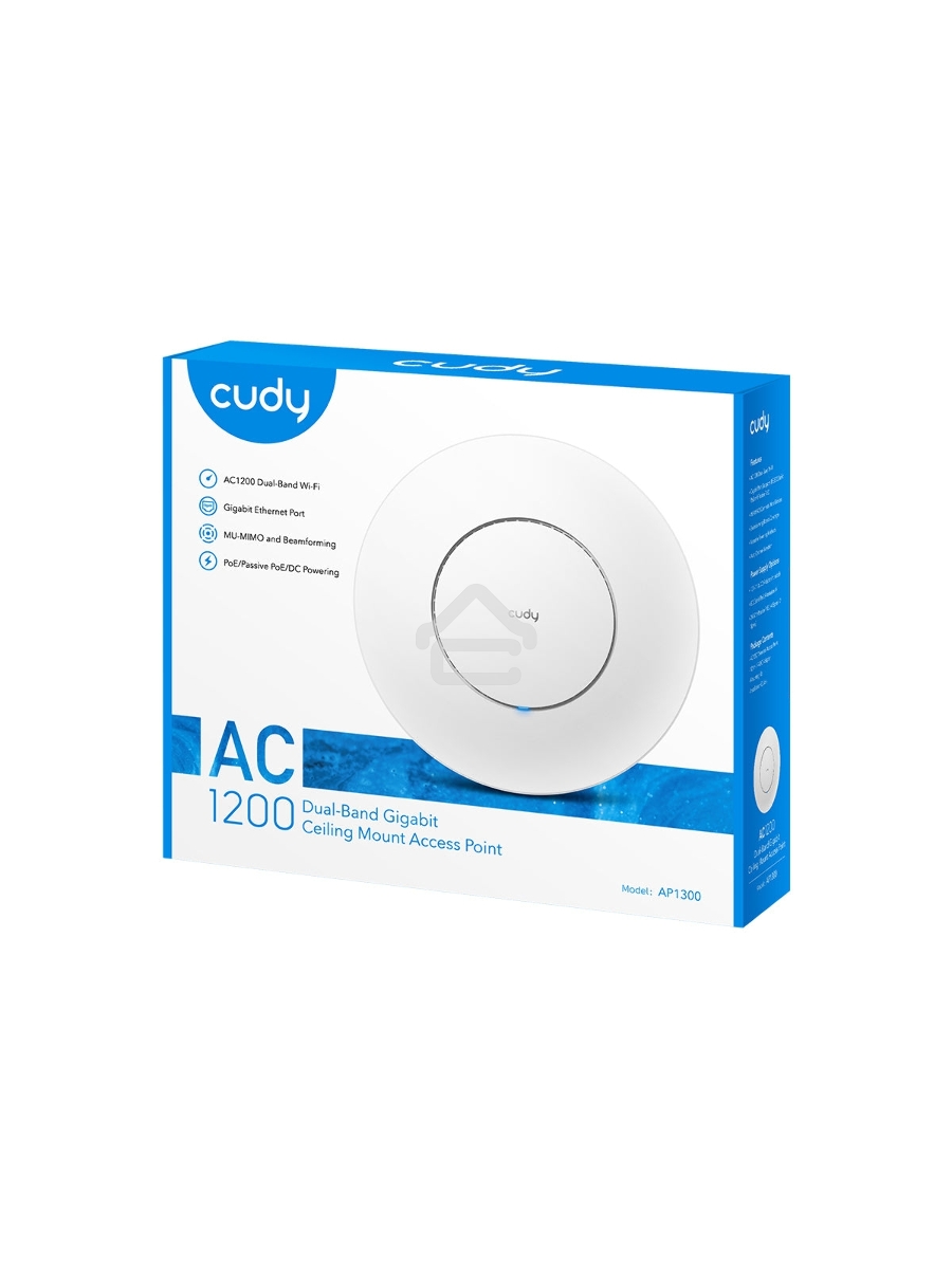 Точка доступа CUDY AC1200 Dual Band Gigabit Ceiling Mount Access Point, MT7621DAN+MT7613B+MT7603E, 867Mbps at 5GHz + 300Mbps at 2.4GHz, 1 x GbE RJ45 Port, Support 12V DC or 802.3af PoE or Passive PoE, Internal Antennas, 48V passive PoE adapter included, C