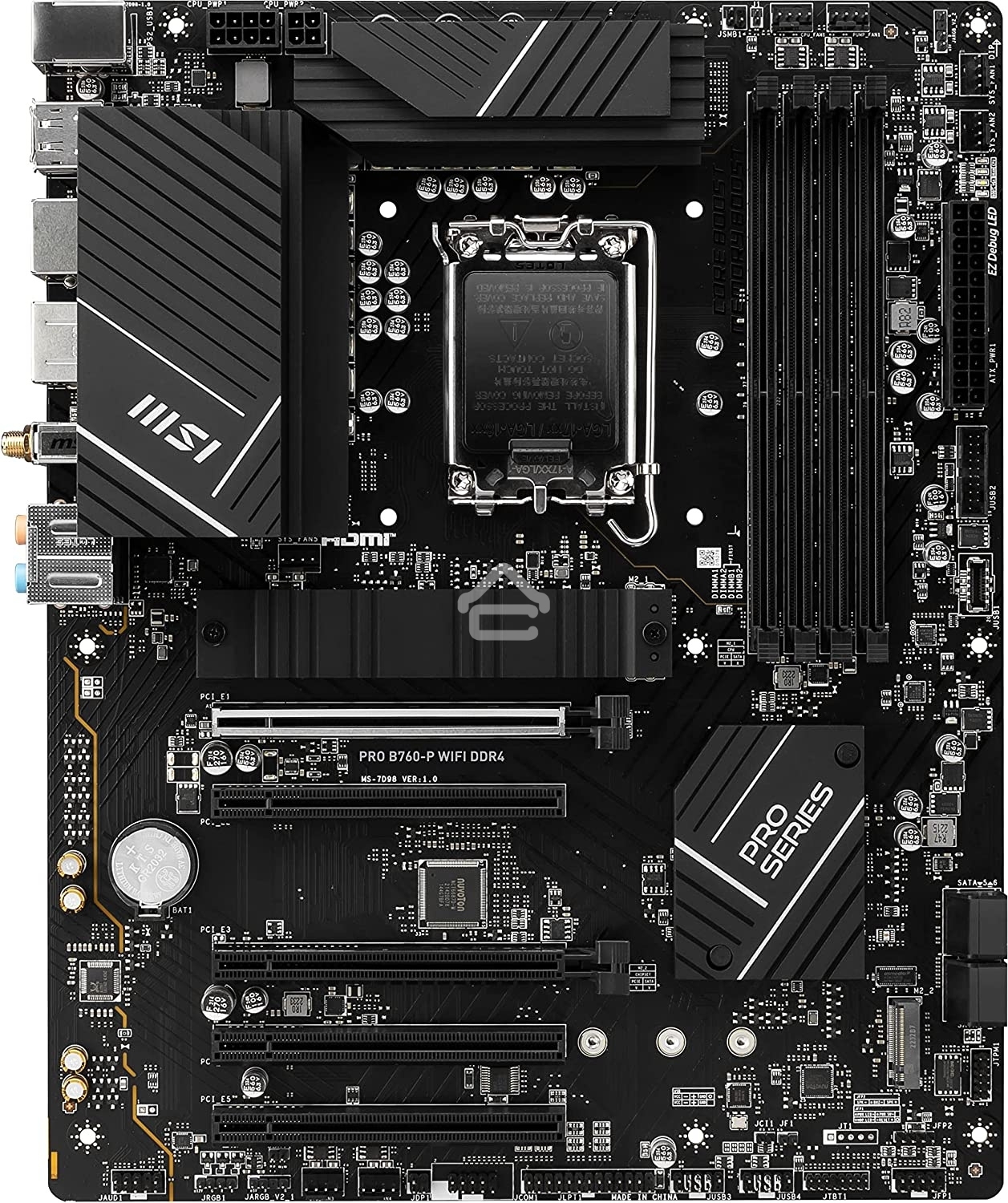 Материнская плата MSI PRO B760-P WIFI DDR4, LGA 1700, Intel B760, 4xDDR4, 4xSATA, 2xM.2, 1xPCIe 4.0 x16, 1xPCIe 4.0 x4, 3xPCIe 3.0 x1, 1xHDMI, 1xDP, 1xRJ45 2.5Gb, Wi-Fi 6E, Bluetooth 5.3, 1xUSB-C 3.2 Gen 2, 2xUSB-A 3.2 Gen 2, 4xUSB-A 2.0, 5x3.5мм, TOSLINK