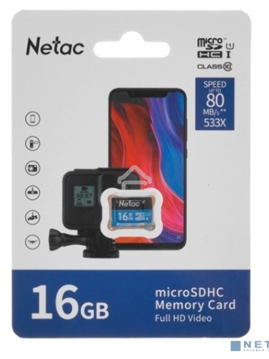 Флеш карта microSDHC 16GB Netac P500 <NT02P500STN-016G-S> (без SD адаптера) 80MB/s