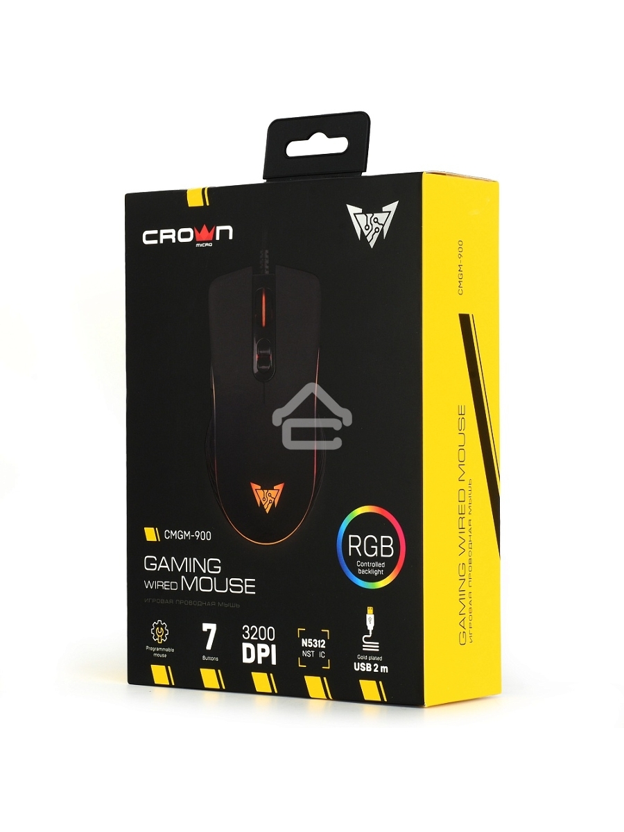 Мышь проводная Crown CMGM-900 черный, 3200 dpi, USB, кнопки - 7