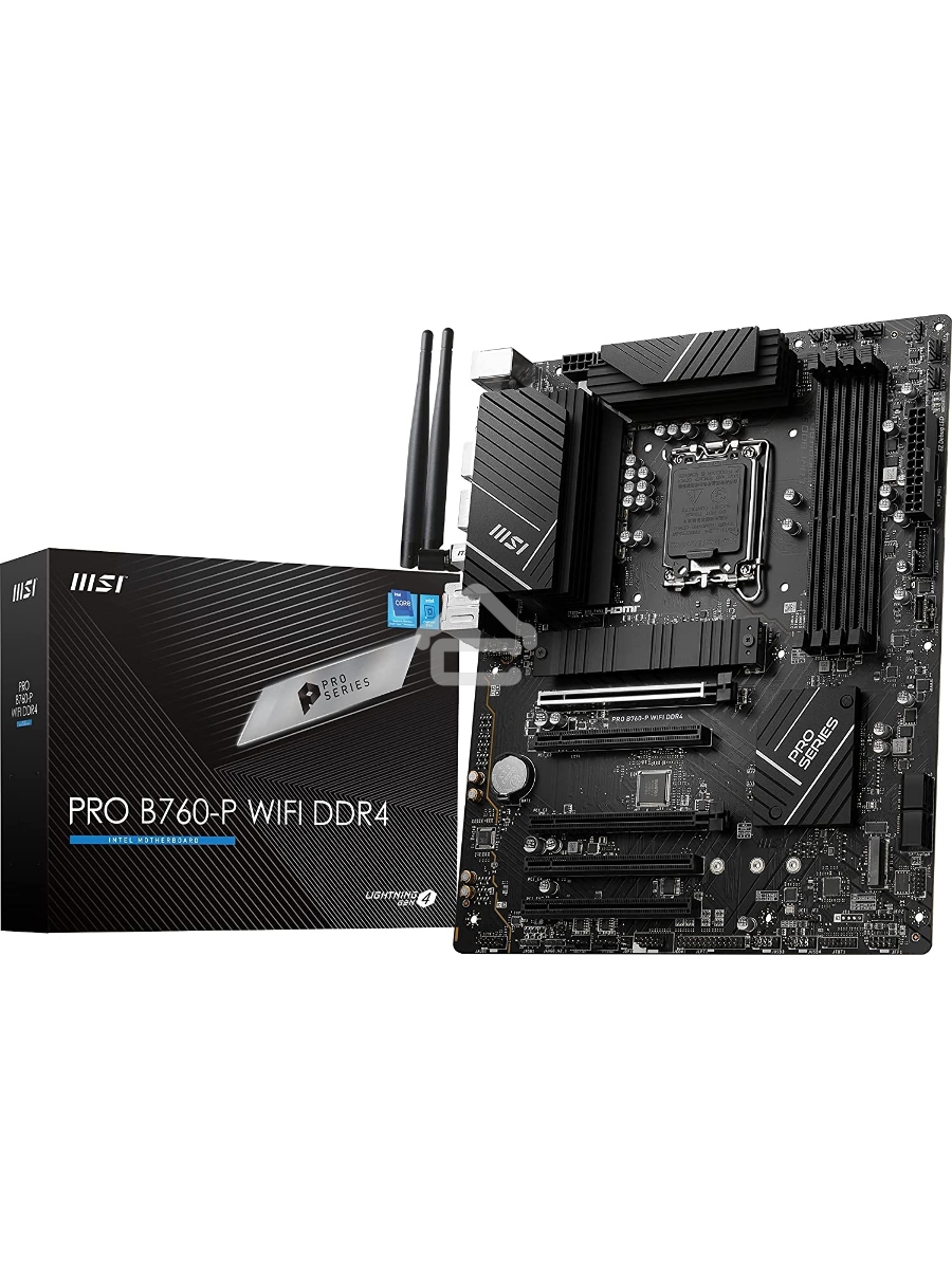 Материнская плата MSI PRO B760-P WIFI DDR4, LGA 1700, Intel B760, 4xDDR4, 4xSATA, 2xM.2, 1xPCIe 4.0 x16, 1xPCIe 4.0 x4, 3xPCIe 3.0 x1, 1xHDMI, 1xDP, 1xRJ45 2.5Gb, Wi-Fi 6E, Bluetooth 5.3, 1xUSB-C 3.2 Gen 2, 2xUSB-A 3.2 Gen 2, 4xUSB-A 2.0, 5x3.5мм, TOSLINK